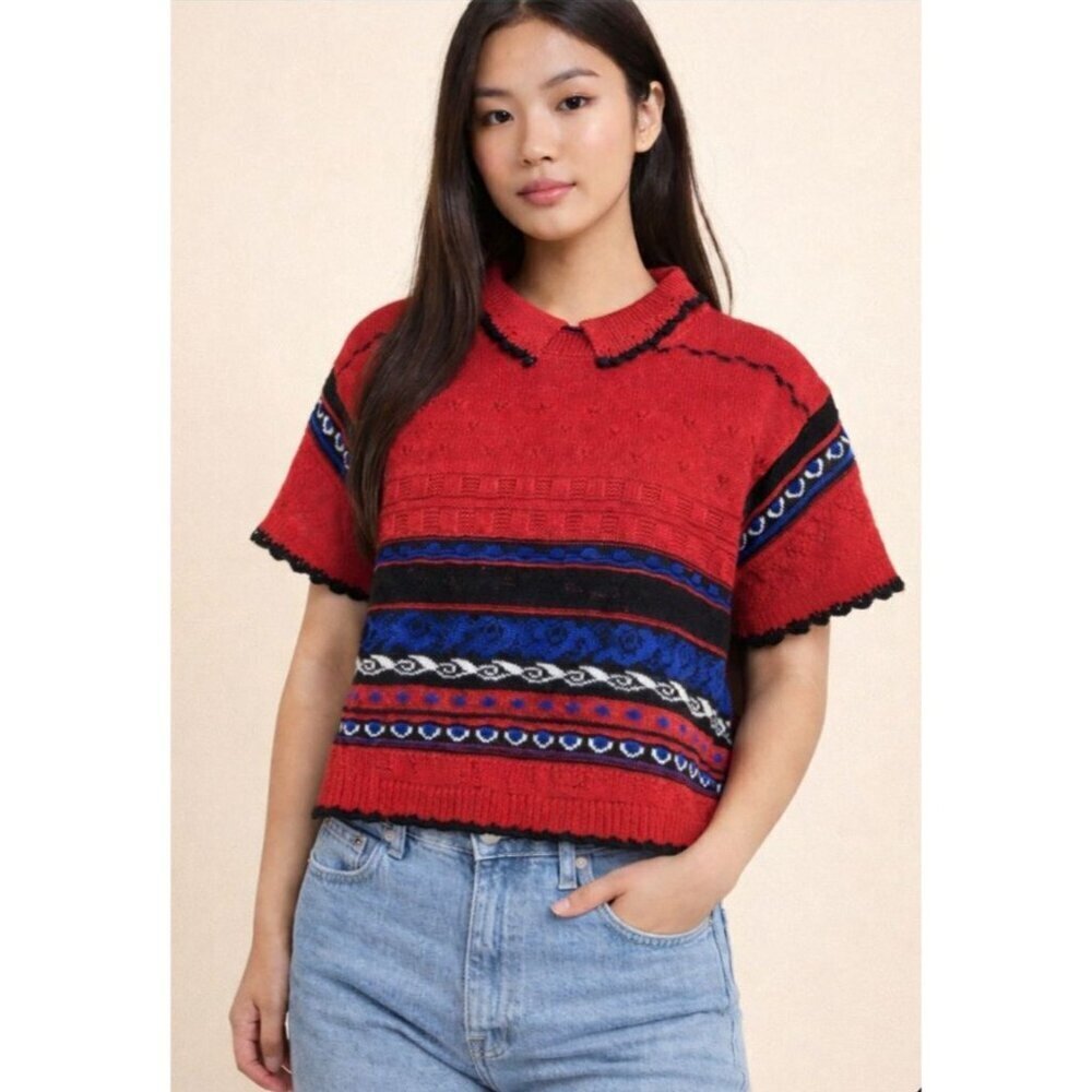Vintage 90s Womens Sweater Fair Isle Knit Boxy Polo 3D Red Black Blue Size Small